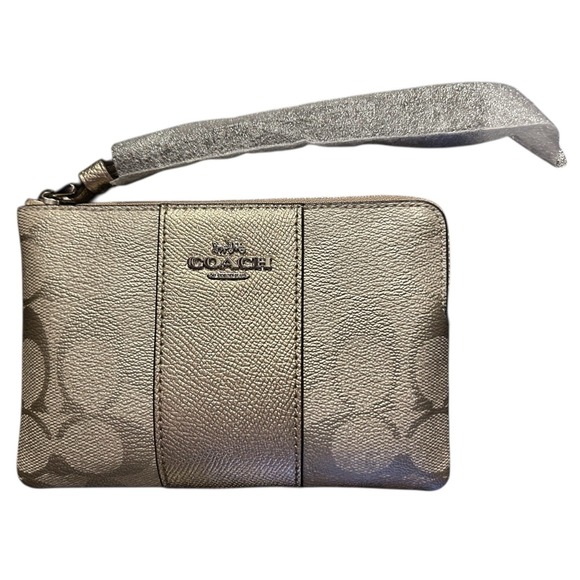 Coach F38655 Gold Metallic Signature Corner Zip With Stripe Wristlet Purse - Picture 3 of 16